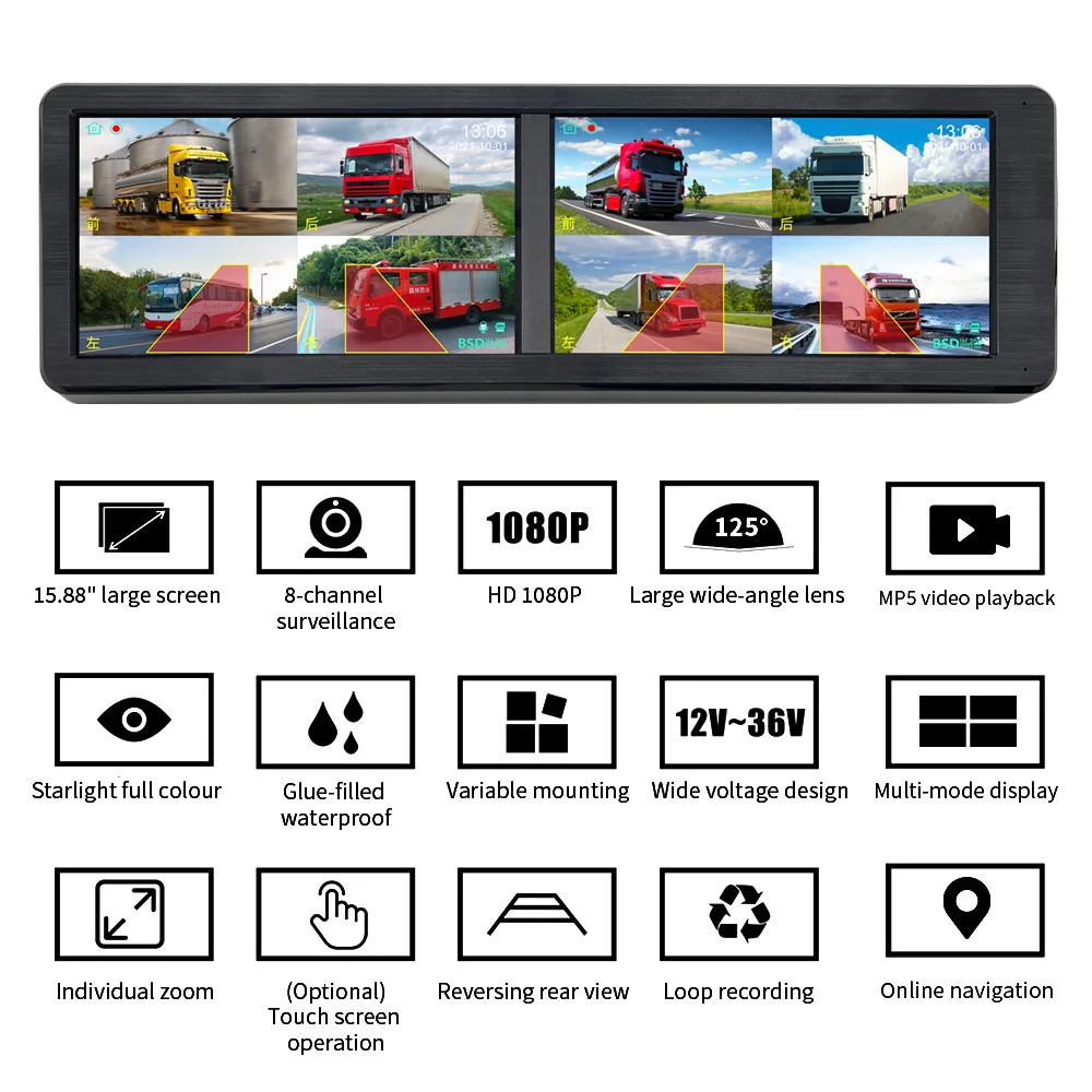 Reversing rear view,Loop recording,Online navigation,MP5 video playback