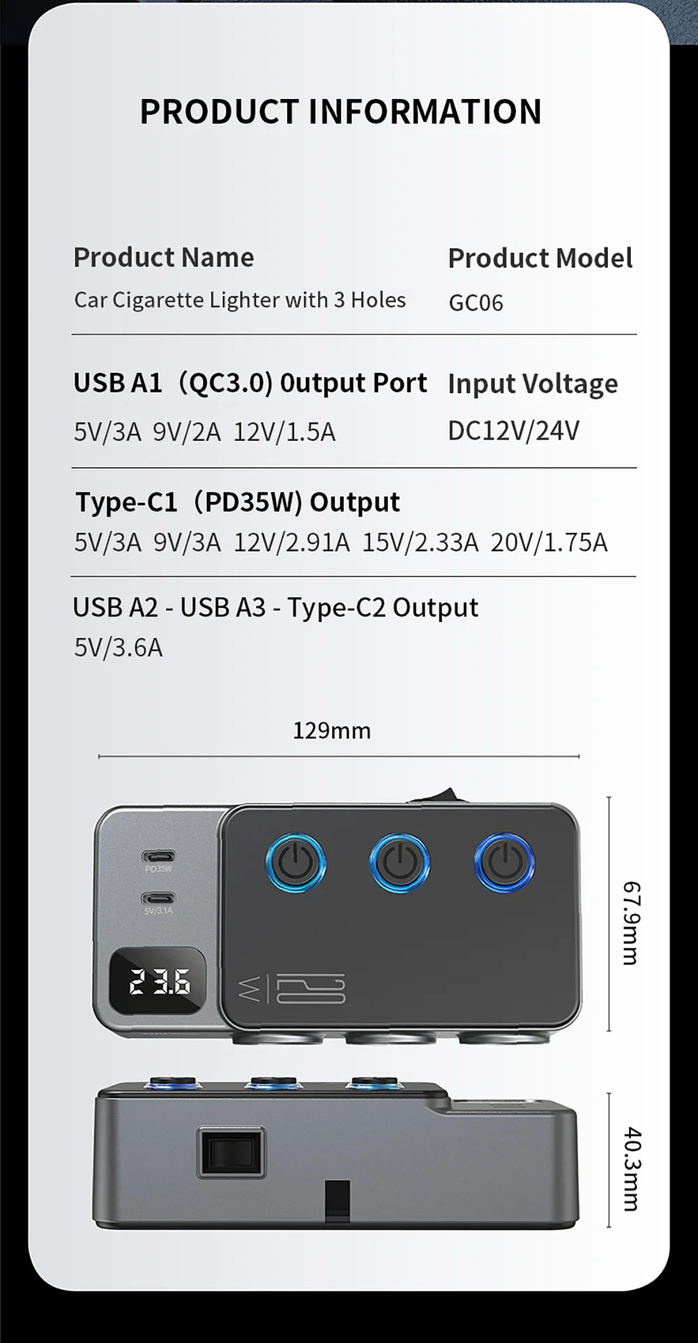 Car Cigarette Lighter with 3 Holes