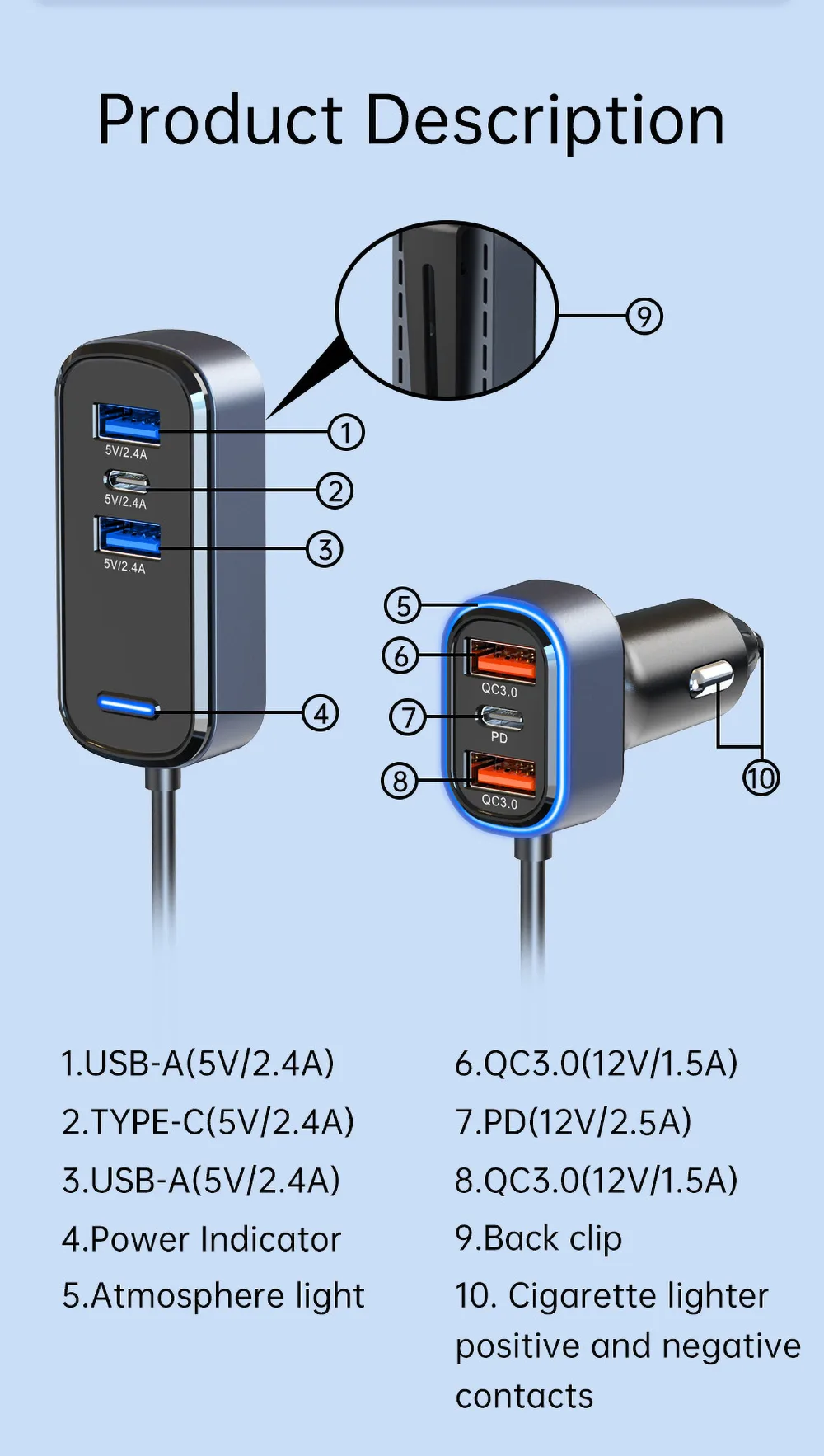 six ports car charger light back clip